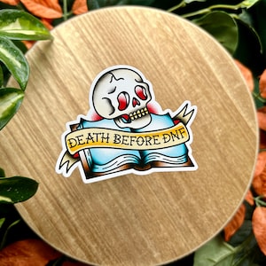 Autocollant en vinyle imperméable mat livre Death Before DNF, amoureux des livres, drôle