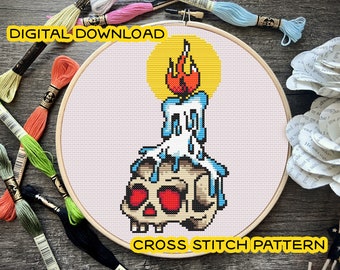Skull and Candle Cross Stitch Pattern *DIGITAL DOWNLOAD* Beginner Friendly, Full Color and B&W Patterns, American Traditional Tattoo Style