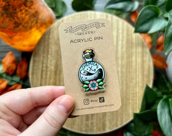 DISCONTINUED Chemical X Poison Bottle 1.5" **Acrylic** Pin, Cartoon Poison Bottle, PowerPuff, Tattoo Style