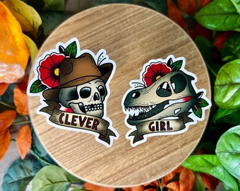 Clever Girl, JP Water Resistant Sticker Combo, Skull Duo, Dinosaur Skull, American Traditional