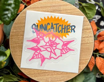 Tattoo Rose, Window Cling Suncatcher, Pink Vinyl Design, Renter Friendly