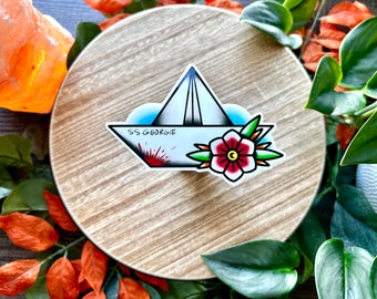 DISCONTINUED SS Georgie Paper Boat Water Resistant Sticker, American Traditional Tattoo Flash Style