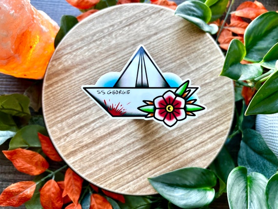SS Georgie Paper Boat Water Resistant Sticker, American Traditional Tattoo Flash Style, IT Inspired