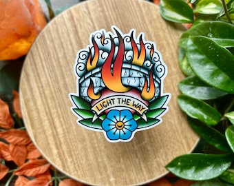 Burning Bridge Water Resistant Sticker, Light the Way, American Traditional, Flash Tattoo Style