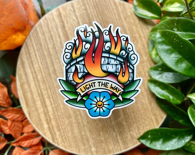 Featured listing image: Burning Bridge Water Resistant Sticker, Light the Way, American Traditional, Flash Tattoo Style