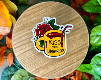 DISCONTINUED Kiss the Librarian Mug, BTVS Inspired Water Resistant Sticker