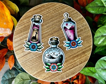 Poison Bottle Collection Water Resistant Sticker, Cartoon Inspired, Chemical X, Essence of Llama, Hercules Mortal Potion