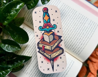 Book and Dagger Bookmark, Soft Matte Bookmark, Double Sided, Book Lover Gift, Tattoo Flash Style