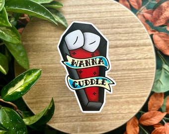Wanna Cuddle Coffin, Matte Waterproof Vinyl Sticker, American Traditional, Flash Tattoo Style Sticker, Funny Goth