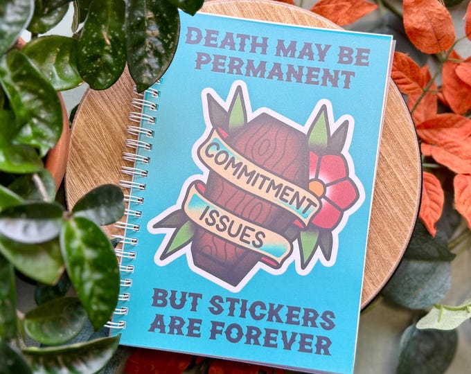 Featured listing image: Commitment Issues Sticker Book, A5 - 6" x 8" with 100 Pages of Reusable Sticker Paper, Spiral Bound, Cute Stationery