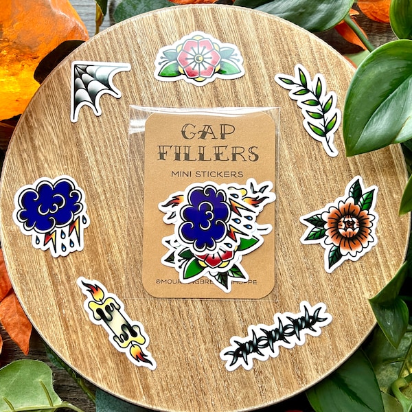 Gap Filler Mini Stickers, Water Resistant Stickers, American Traditional, Flash Tattoo Style