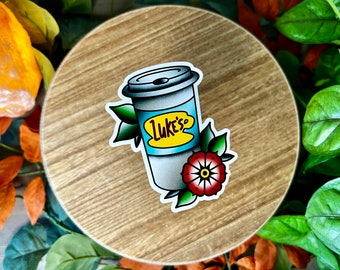 To-Go Coffee Cup, Water Resistant Sticker, American Traditional Flash Tattoo Style