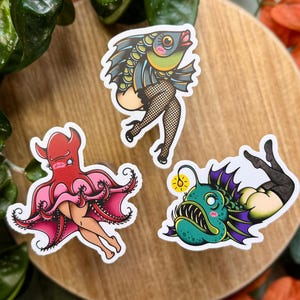 Reverse Mermaids - Fish, Vampire Squid, and Anglerfish 3" Matte Waterproof Vinyl Sticker, Funny Sticker, Tattoo Art, Fish Lover
