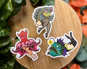 Reverse Mermaids - Fish, Vampire Squid, and Anglerfish 3" Matte Waterproof Vinyl Sticker