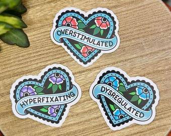 Too Many Feelings Hearts - 3" Matte Waterproof Vinyl Sticker, Overstimulated, Hyperfixating, Dysregulated, Gifts for Neurodivergent