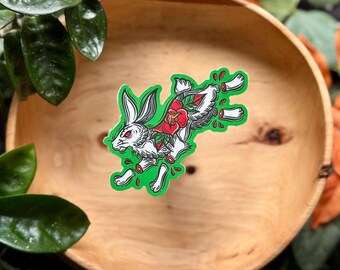 Rabbit and Rose, Matte Waterproof Vinyl Sticker, Block Print Style, Unlucky