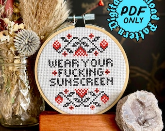 Wear Your F*cking Sunscreen Cross Stitch Pattern - Beginner Friendly (Digital Download)