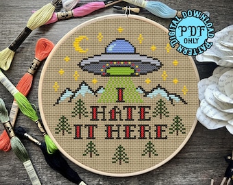 I Hate It Here Cross Stitch Pattern *DIGITAL DOWNLOAD* Beginner Friendly, Full Color and B&W Patterns, American Traditional Tattoo Style