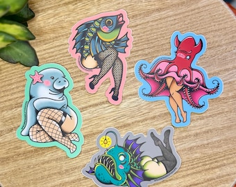 Reverse Mermaids - Fish, Vampire Squid, Manatee, and Anglerfish 3" Matte Waterproof Vinyl Sticker, Funny Sticker, Tattoo Art, Fish Lover
