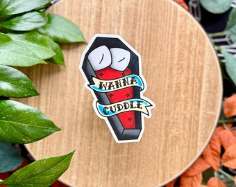 Wanna Cuddle Coffin, Matte Waterproof Vinyl Sticker, American Traditional, Flash Tattoo Style Sticker, Funny Goth
