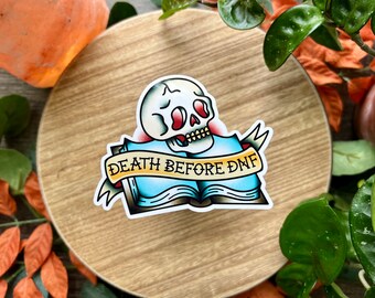 Death Before DNF Book Water Resistant Sticker, Book Lover, Funny