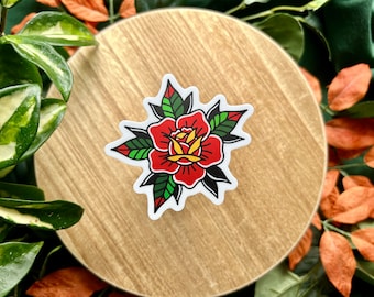 Tattoo Rose Vaporwave Holographic Sticker, Vinyl Waterproof Sticker, Tattoo Style