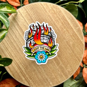 Autocollant en vinyle imperméable mat Burning Bridge, éclairez le chemin, traditionnel américain, style tatouage flash