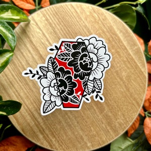 Peonies and Coffin, Matte Waterproof Vinyl Sticker, American Traditional Style