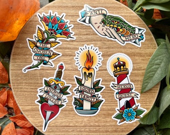 Book Trope Sticker Bundle, Water Resistant Stickers, American Traditional Tattoo Style