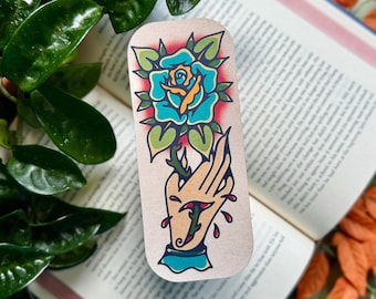 Rose and Hand Bookmark, Soft Matte Bookmark, Double Sided, Book Lover Gift, Tattoo Flash Style