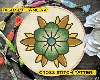 Green Flower Cross Stitch Pattern *DIGITAL DOWNLOAD* Beginner Friendly, Full Color and B&W Pattern, American Traditional Tattoo Style