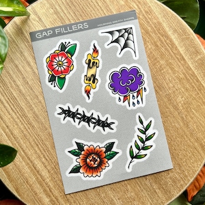Feuille d'autocollants avec comblement, vinyle imperméable mat doux 4 x 6, style tatouage flash américain traditionnel