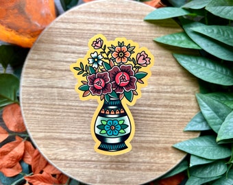 Flowers in Vase Water Resistant Sticker, American Traditional, Flash Tattoo Style