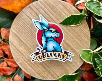 Unlucky Rabbit Water Resistant Sticker, Flash Tattoo Style