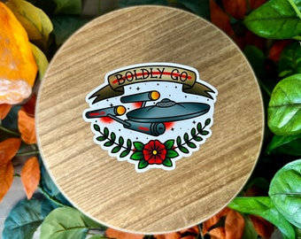 Boldly Go Water Resistant Sticker, Star Ship, Sci-Fi, American Traditional Tattoo Style
