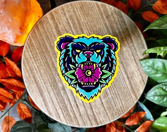 Neon Bear Water Resistant Sticker, Flash Tattoo Style