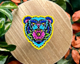 Neon Bear Matte Waterproof Vinyl Sticker, Flash Tattoo Style