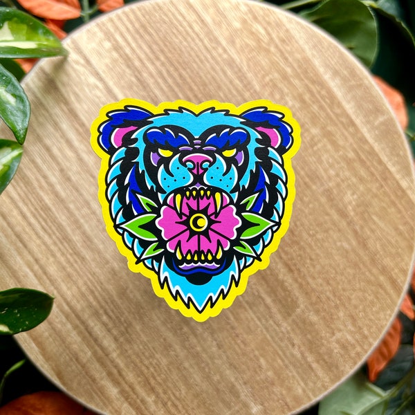 Neon Bear Matte Waterproof Vinyl Sticker, Flash Tattoo Style