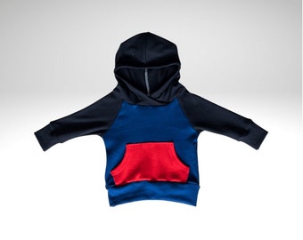 Kid’s Color Block Pullover Hoodie with Pocket, Red Black and Blue Hooded Tee Shirt with Pocket, Toddler and Baby Boy Multicolor Sweatshirt