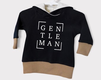 Boy’s Gentleman Graphic Hoodie, Toddler Boy Colorblock Hooded Tee, Baby Boy Brown and Black Pullover Sweatshirt with Gentleman Graphic