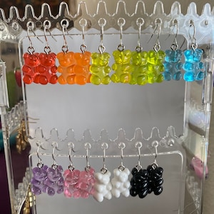 Colorful Gummy Bear Dangle Earrings – Kawaii Candy Jewelry Fun Gift for Teens and Kids, Resin Bear Earrings, Quirky Funky Jewelry