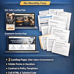 Può includere: Grafica promozionale per un sistema di acquisizione e onboarding dei clienti. L'immagine presenta un laptop e uno smartphone che mostrano una pagina di destinazione del salone di parrucchiere, una pagina di servizi e-commerce e vari moduli.