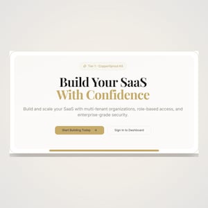 Könnte beinhalten: Eine digitale Oberfläche mit dem Text "Build Your SaaS With Confidence". Die Oberfläche enthält eine Schaltfläche mit der Aufschrift "Start Building Today" und eine weitere mit der Aufschrift "Sign In to Dashboard".