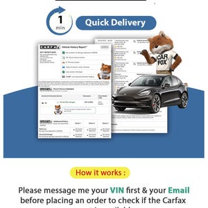 以下が含まれることがあります： Carfaxの車両履歴レポート広告。Carfaxロゴ、1分間の迅速な配送アイコン、キツネのキャラクター、黒い車が描かれています。テキストには、注文前にVINとメールアドレスをメッセージで送信するよう指示が記載されています。