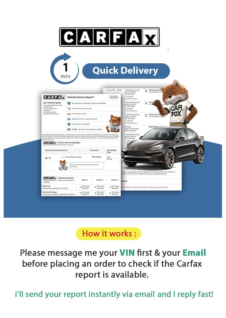 Peut inclure: Une publicit&eacute; pour un rapport d'historique de v&eacute;hicule Carfax avec le logo Carfax, une ic&ocirc;ne de livraison rapide en 1 minute, une mascotte renard et une voiture noire. Le texte demande d'envoyer un VIN et un e-mail avant de commander.