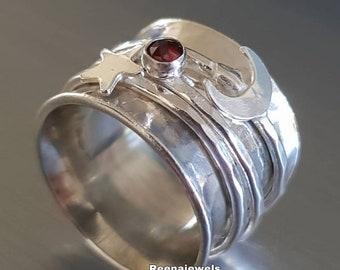 Moon Ring Red Garnet Ring Crescent Ring Adjustable Ring Moon Garnet Ring Half Moon Ring Hippie Ring,Boho Ring,925 Sterling Silver Ring