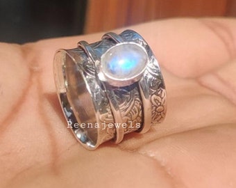 Wonderful Round Shape Natural Turquoise Gemstone 925 Sterling Silver Spinner Ring Texture Handcrafted Ring Wide Band
