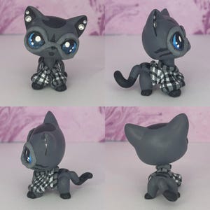 Lps Littlest Pet Shop OOAK Custom Gray Black Shorthair Cat with Plaid Shirt and Glasses