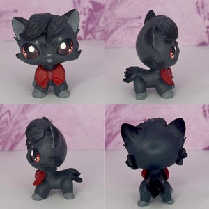 Lps Littlest Pet Shop OOAK Custom Gray Black Shorthair Cat with Red Bow