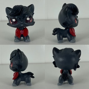 Lps Littlest Pet Shop OOAK Custom Gray Black Shorthair Cat with Red Bow